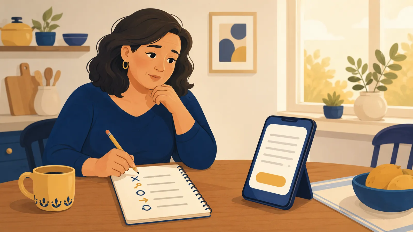 Illustration of a woman at a kitchen table pausing over a phone that shows a simple agreement with one button, a notepad and pencil beside her as she notes questions to ask before she taps.